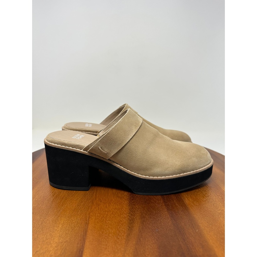 Eileen Fisher Hiya Suede Platform Mules Size 9M Tan Chunky Block Heel Slip on